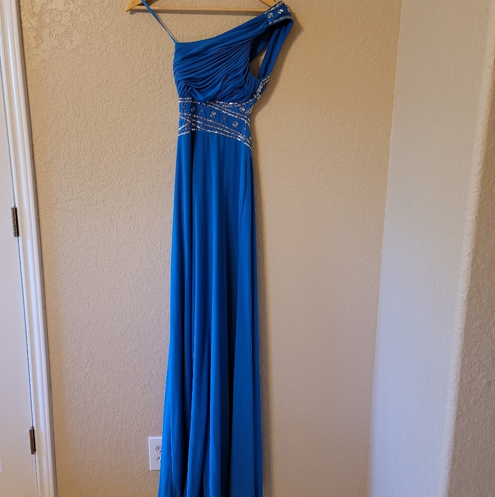 Blue Hailey Logan by Adrianna Papell one shoulder sequin gown 3/4
